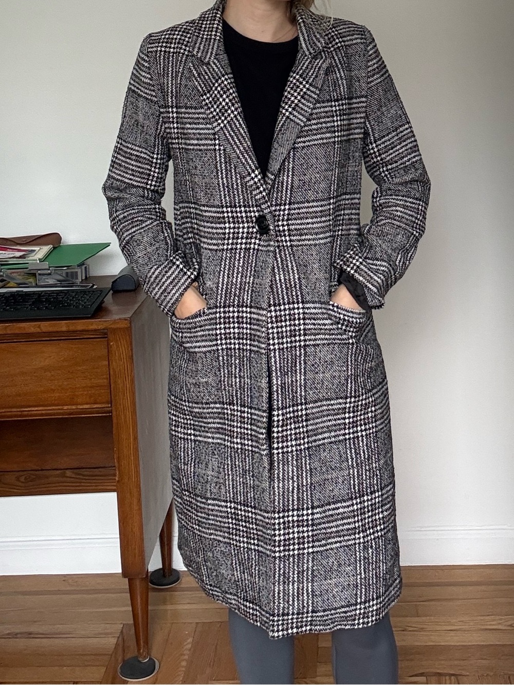 Sage Plaid Long Trench Coat - Gray & Black